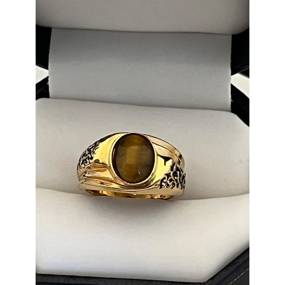 Vintage 1970s Ring Size 10 Uncas Tiger's Eye 14K Gold Plate Gent's - 14N